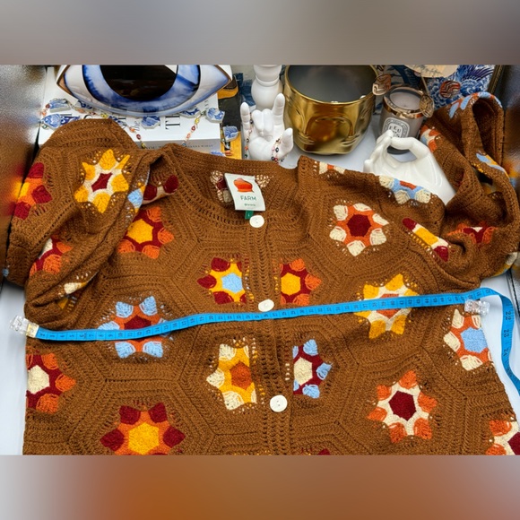 🆕 FARM Rio 🧿 NWOT Brown Crochet Knit Patchwork Button Up Cardigan, Sz L - Picture 15 of 16